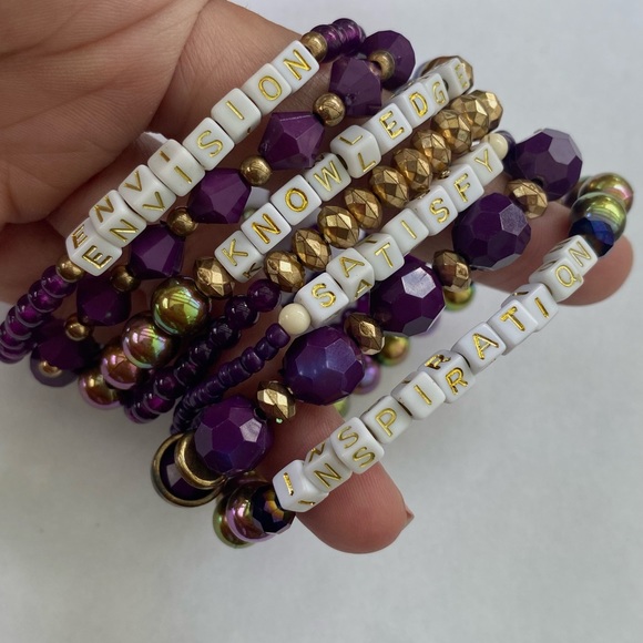 purple wood words 7 set bracelet stretch stacking layered gold luxury bundle lot - Picture 6 of 7